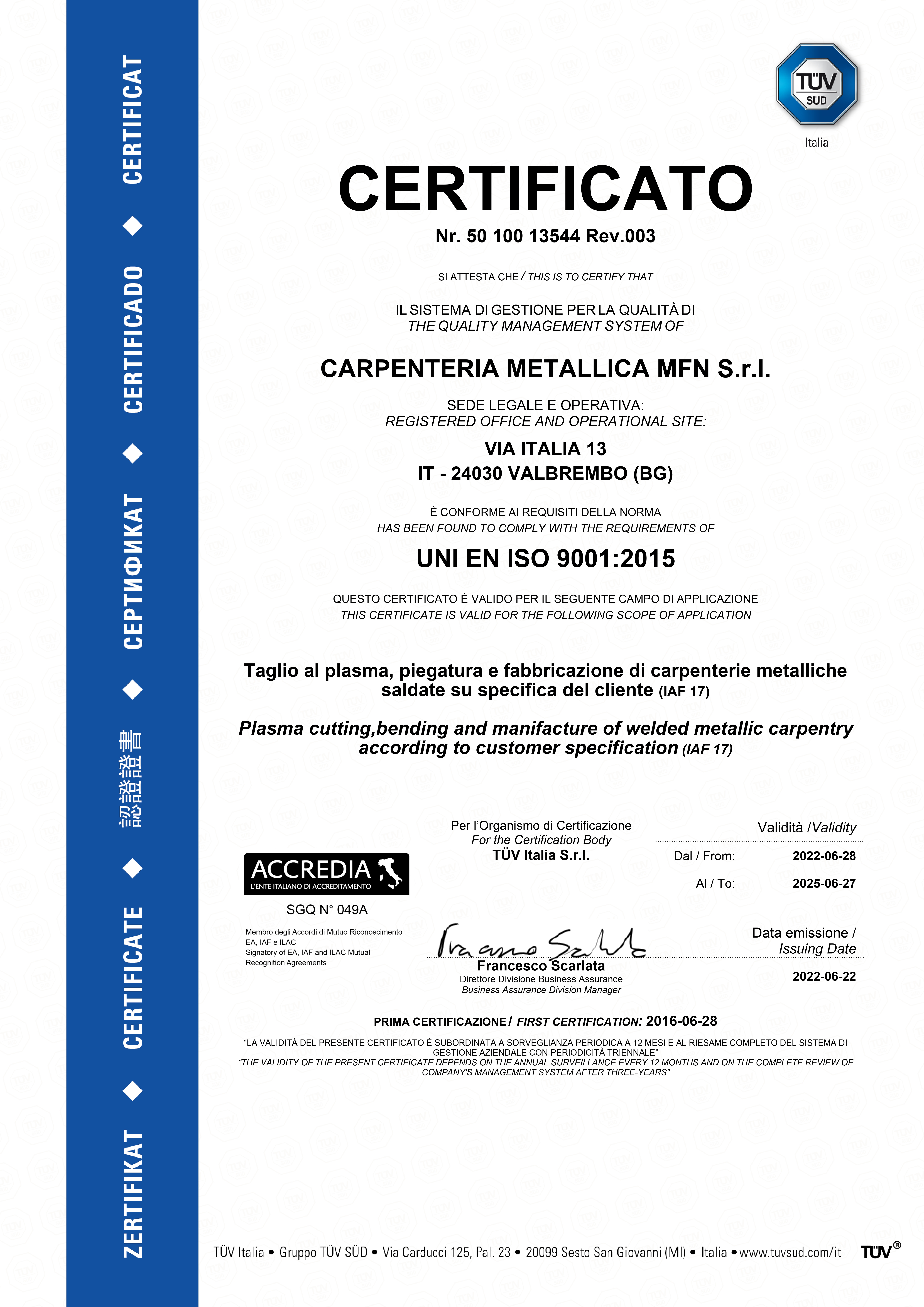CERTIFICATO ISO 9001-2015