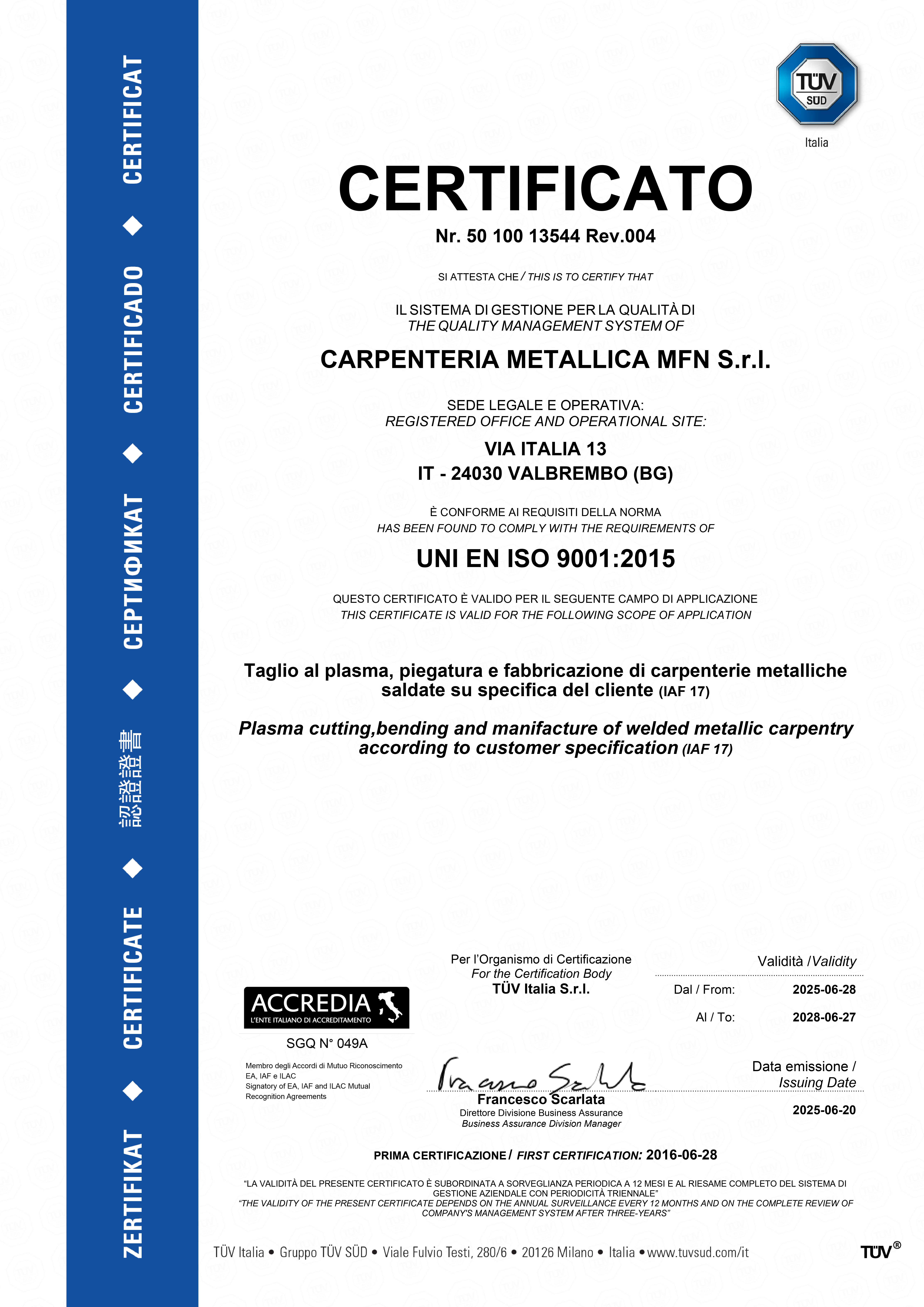 CERTIFICATO ISO 9001-2015